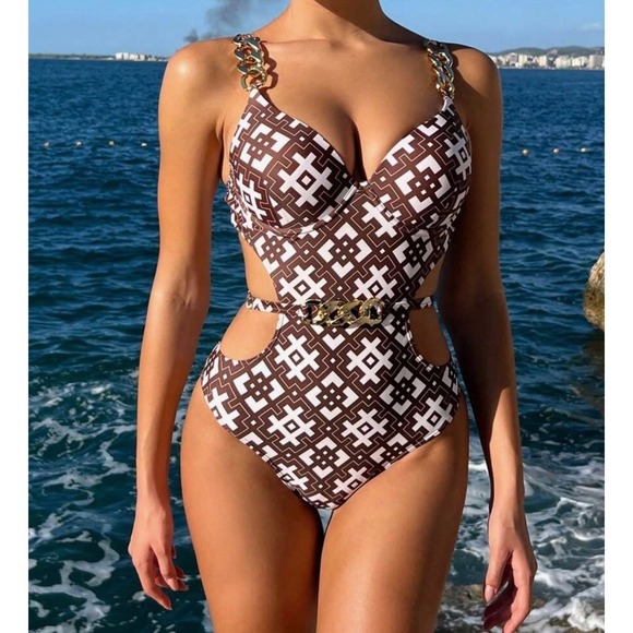 SHEIN Other - NWOT Swim Chiccia Women's Geometric Print Cut Out OnePiece Swimsuit Bathing Suit
